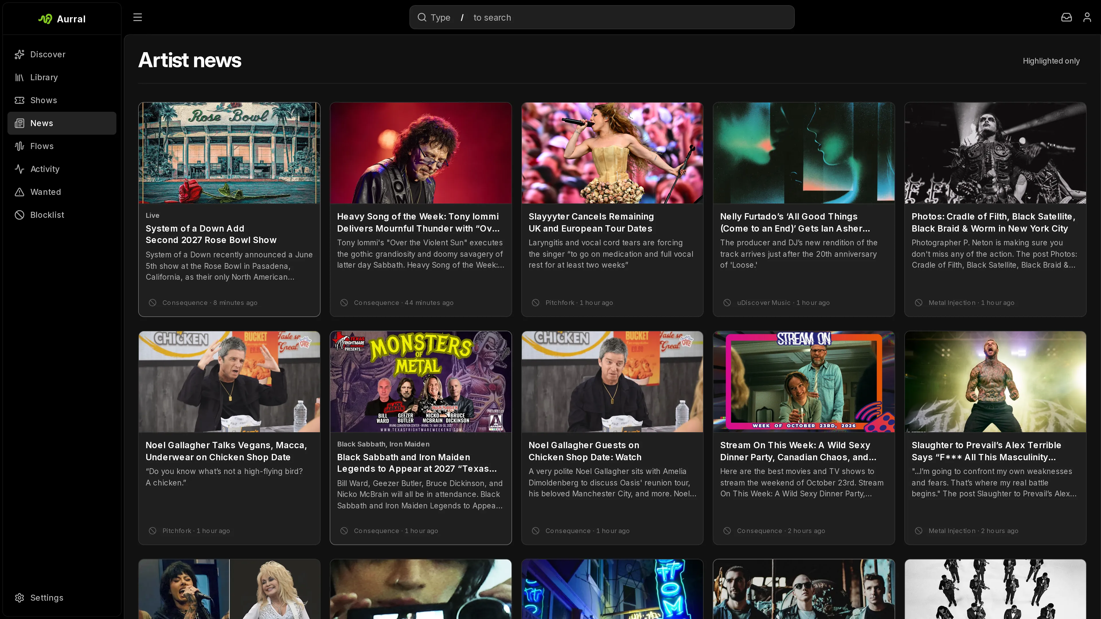 The Aurral artist news page with stories about the listener's artists