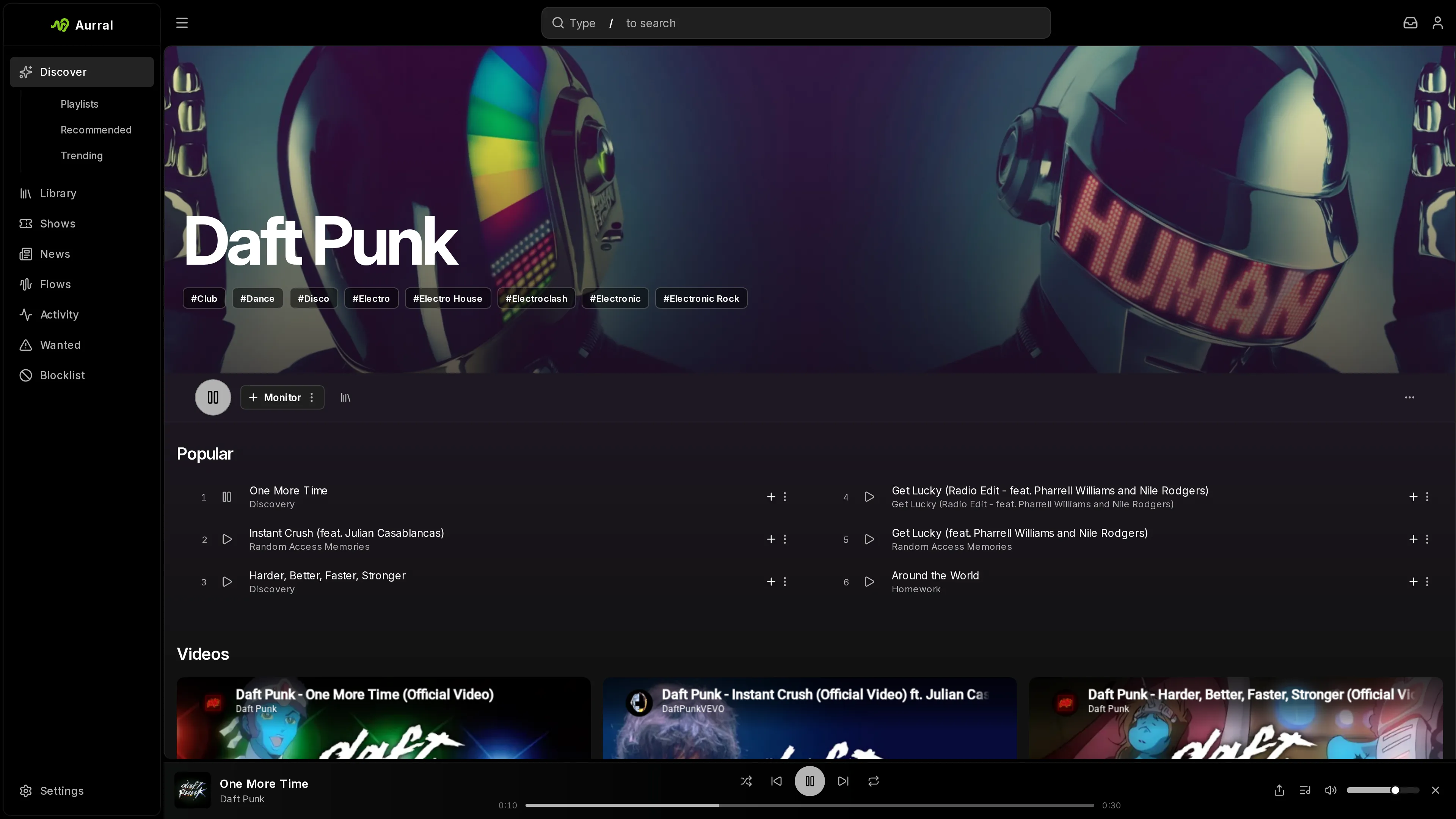 An Aurral artist page for Daft Punk with popular tracks, videos, and the player