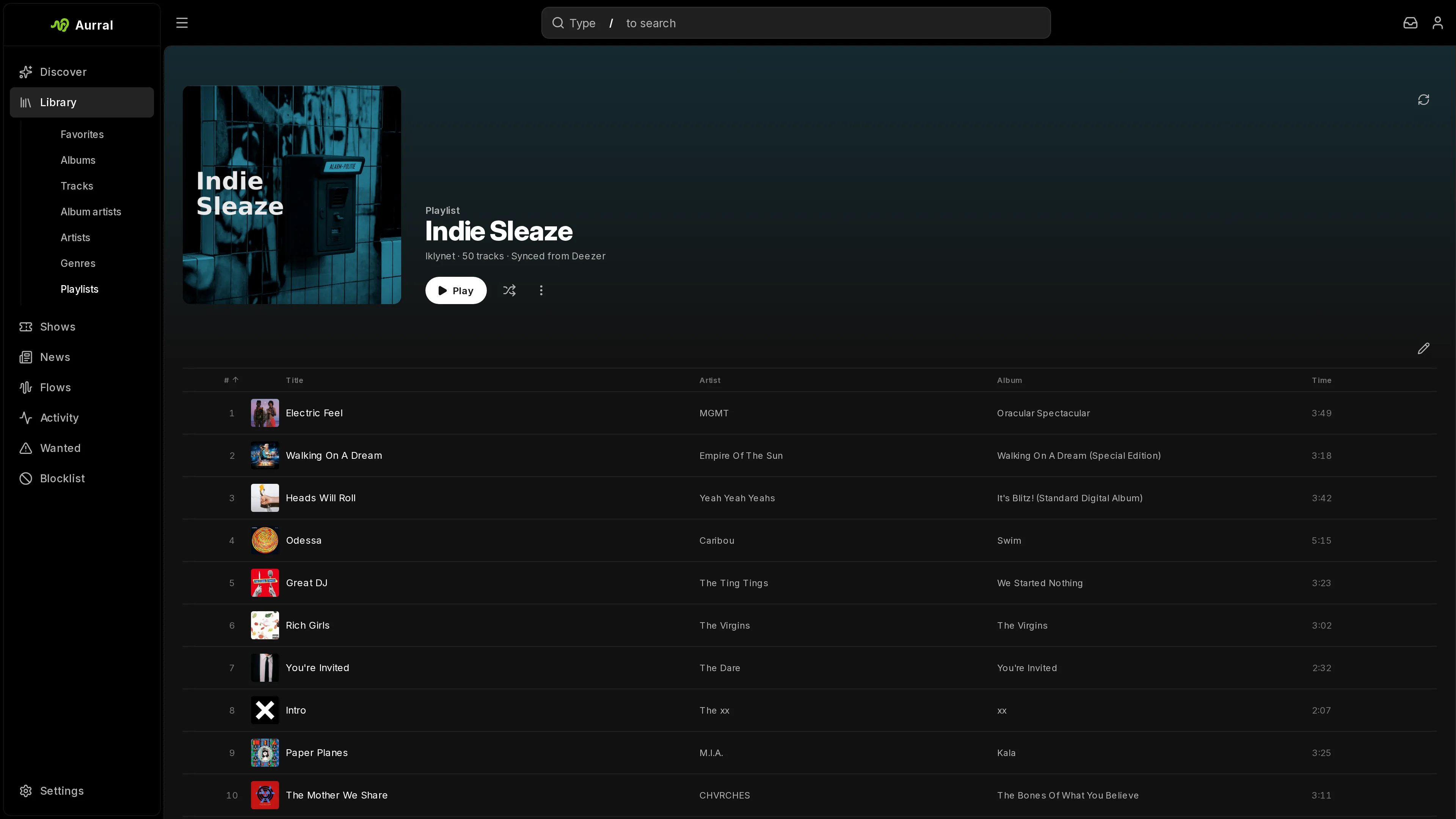 An Aurral playlist called Indie Sleaze and its tracklist